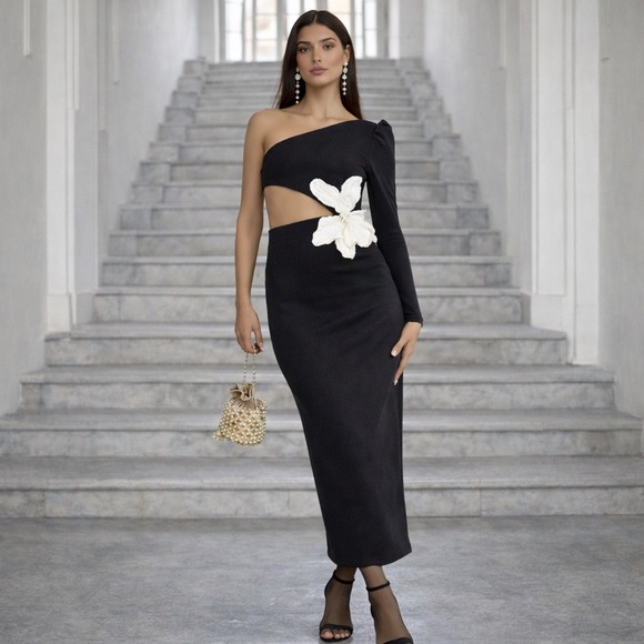 PatBO Dresses & Skirts - PatBO One Shoulder Floral Appliqué Cutout Midi Dress US 4 Black White Gorgeous🖤